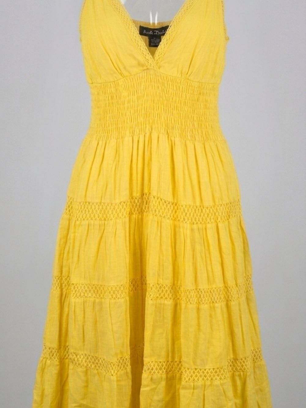Smocked V-Neck Yellow Maxi Dress with Crochet Tiers Size L
